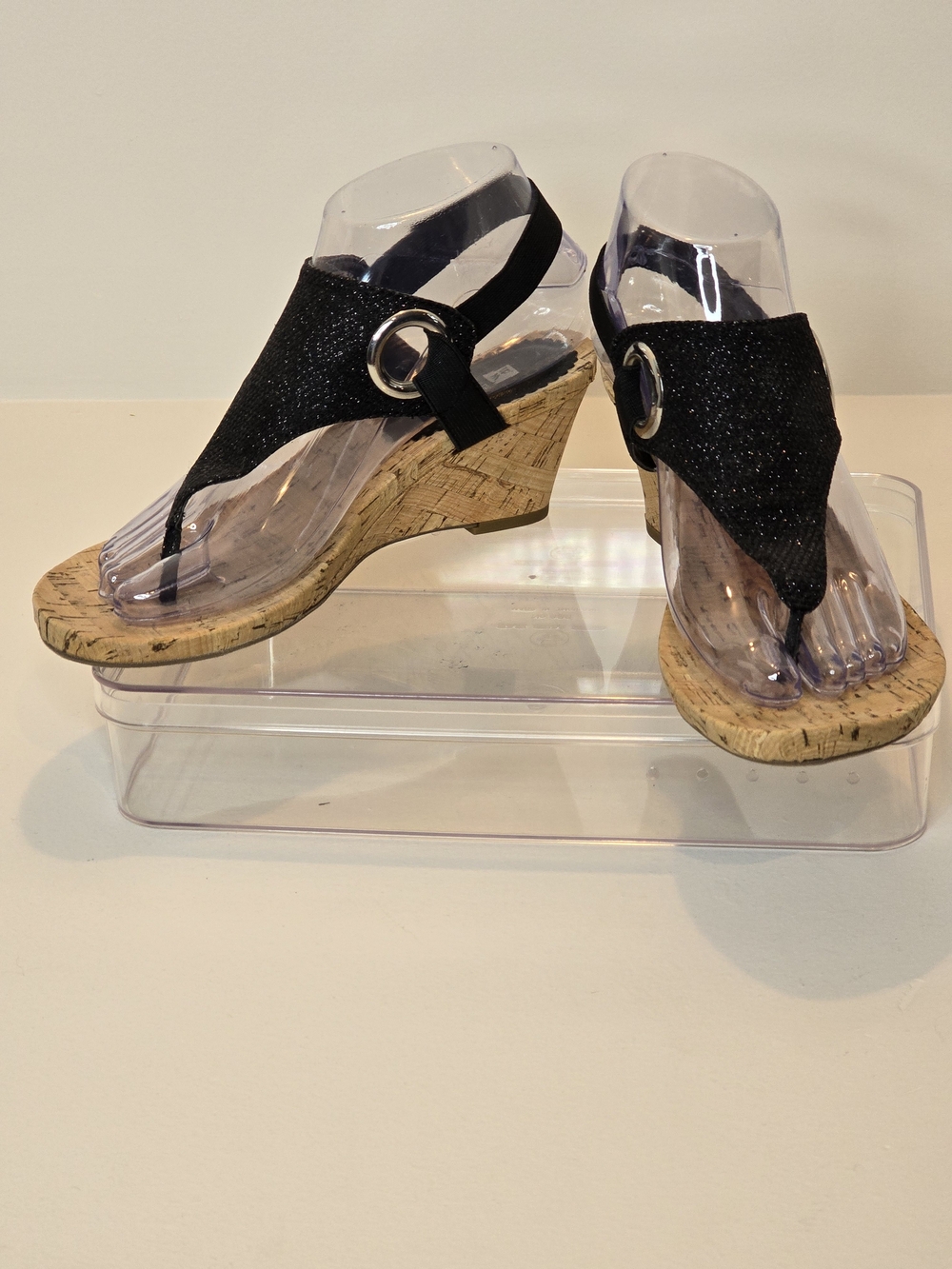 White Mountain Aida Black Cork Wedge Thong Sandals - Picture 2 of 5